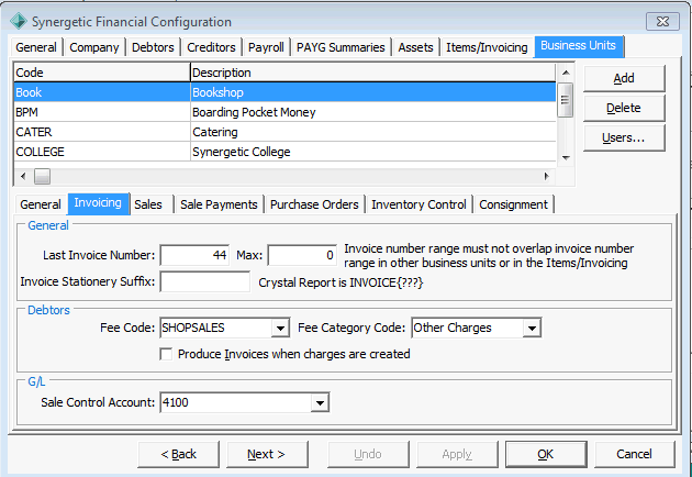 Finance Configuration Maintenance - Business Units tab - Invoicing sub-tab