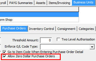 Finance Configuration Maintenance - Business Units tab - Puchase Orders sub-tab (cut down, allow zero dollar purcahse orders highlighted)