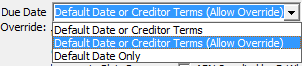 Finance Configuration Maintenance - Creditors tab(cut down, du date override highlighted)