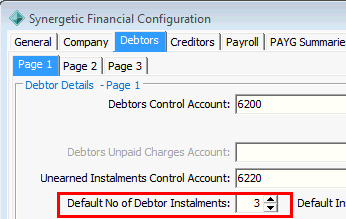 Synergetic Financial Configuration - Debtors tab - Page 1 sub-tab (Default No of Debtor Instalments)