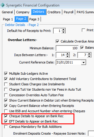Finance Configuration Maintenance - Debtors tab - Page 2 sub-tab (cut down, bank rec fields highlighted)