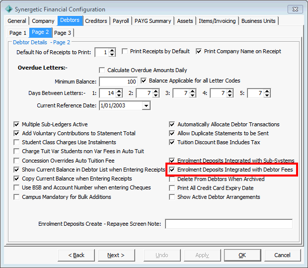 Finance Configuration Maintenance - Debtors tab - Page 2 sub-tab (enrolment deposits highlighted)
