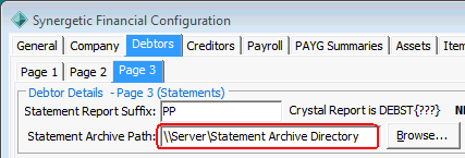 Finance Configuration Maintenance - Debtors tab - Page 2 sub-tab (Statement Archive Path field)