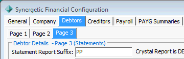 Finance Configuration Maintenance - Debtors tab - Page 2 sub-tab (Statement Report Suffix field)