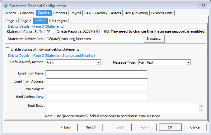Finance Configuration Maintenance - Debtors tab - Page 3 sub-tab