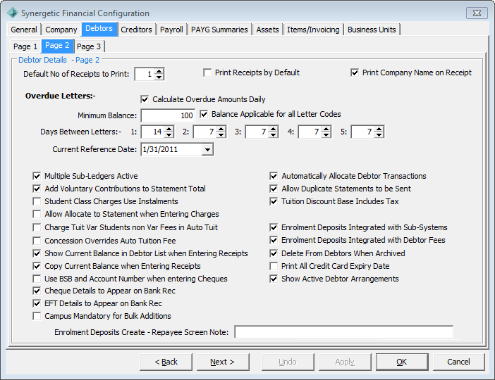 Finance Configuration Maintenance - Debtors tab - Page 2 sub-tab
