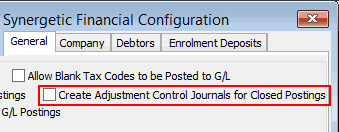 Finance Configuration Maintenance - General tab (Create Adjustment Control, wn66)
