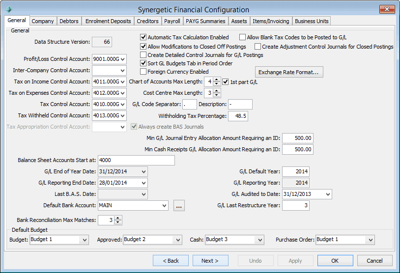 Finance Configuration Maintenance - General tab (cut down)