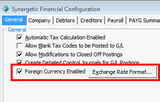 Finance Configuration Maintenance - General tab (cut down, foreign currency highlighted)