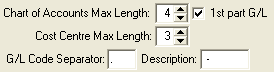 Finance Configuration Maintenance - General tab (GL Code format fields)
