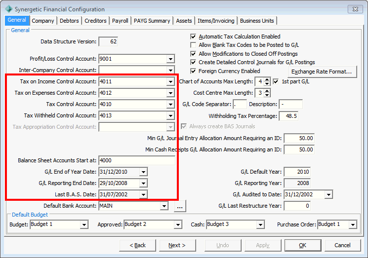 Finance Configuration Maintenance - General tab