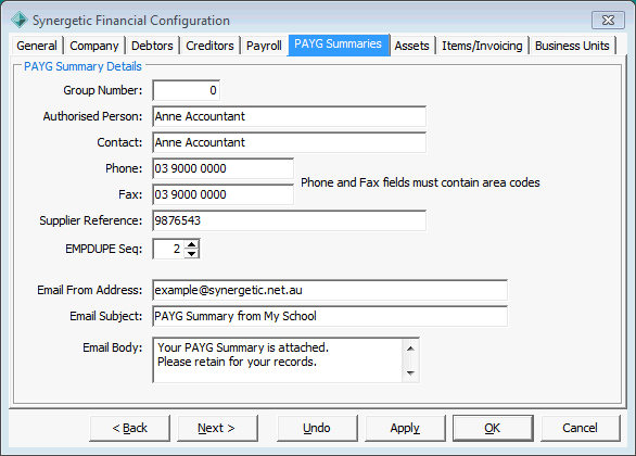 Finance Configuration Maintenance - PAYG Summary tab