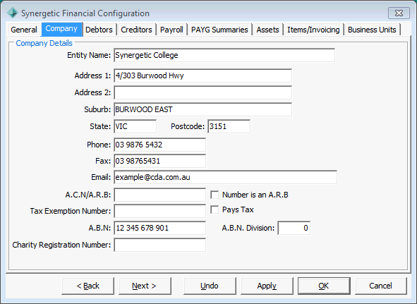 Finance Configuration Maintenance - Company tab