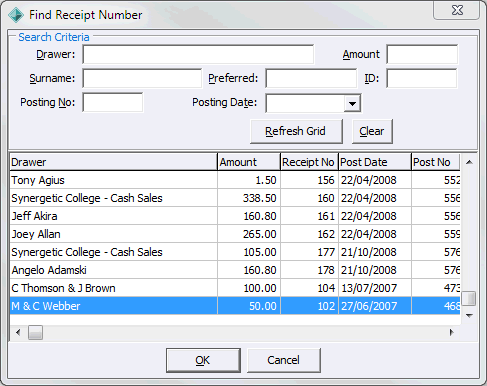 Find Receipt Number window