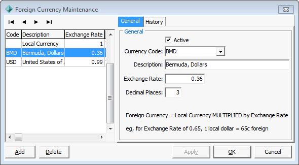 Foreign Currency Maintenance - General tab