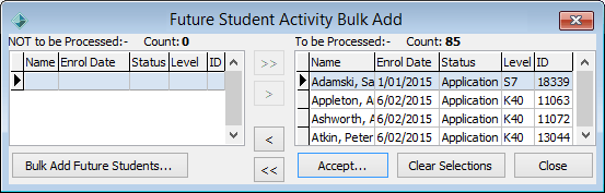 Future Student Activity Status window
