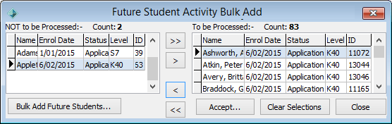 Future Student Activity Status window