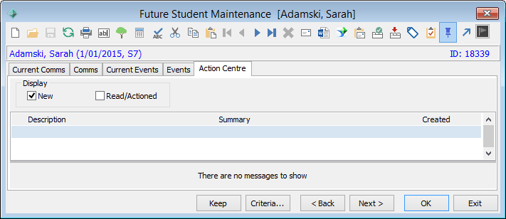 Future Student Maintenance - Action Centre tab