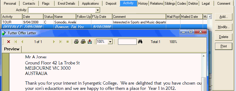Future Student Maintenance - Activity tab (Offer Letter)