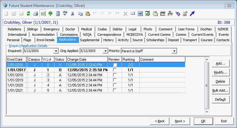 Future Student Maintenance - Applications tab