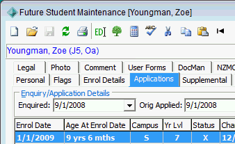 Future Student Maintenance - Application tab (cutdown, Z Youngman eg)