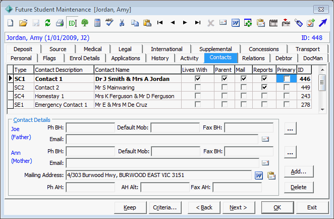 Future Student Maintenance - Contacts tab