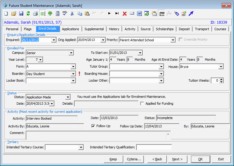Future Student Maintenance - Enrol Details tab