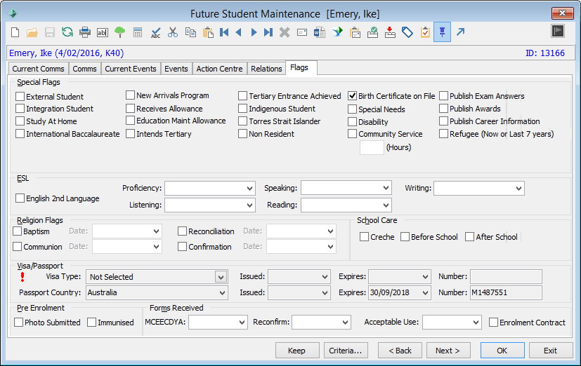 Future Student Maintenance - Flags tab