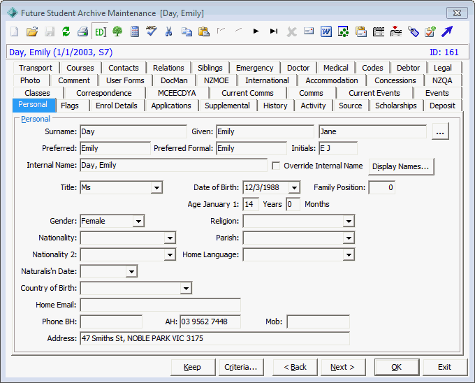 Future Student Maintenance - Personal tab (restoring a future student from the archive)