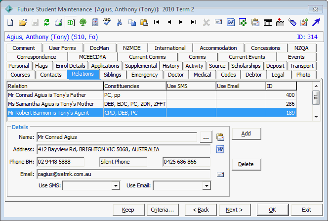 Future Student Maintenance - Relations tab (agent,2)