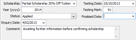 Student Maintenance - Scholarships tab (cut down)