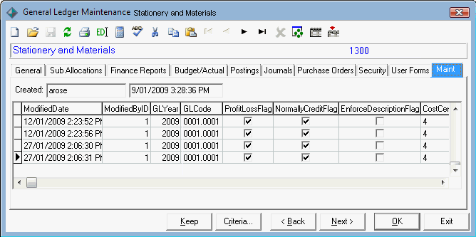 General Ledger Maintenance - Maint tab