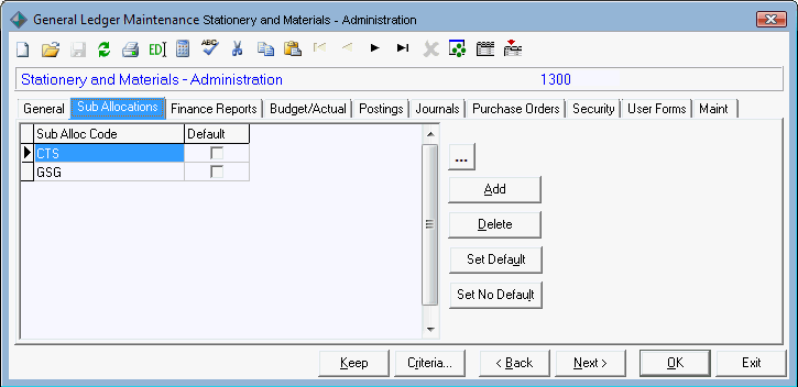 General Ledger Maintenance - Sub Allocations tab