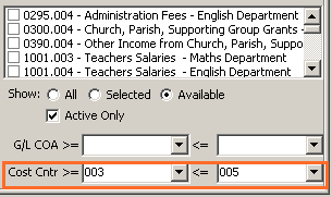 General Ledger Finance Reports Maintenance - Details tab (Cost Cntr range)
