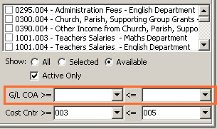 General Ledger Finance Reports Maintenance - Details tab (GL COA range)