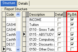General Ledger Finance Reports Maintenance - Structure tab (cut down)