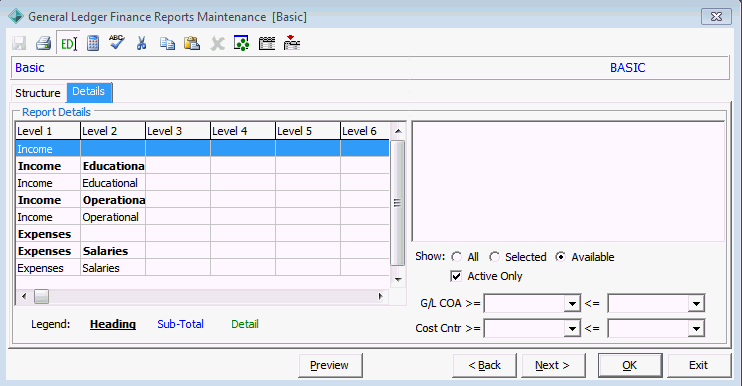General Ledger Finance Reports Maintenance - Details tab (cut down)