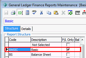 General Ledger Finance Reports Maintenance - Structure tab (selected)