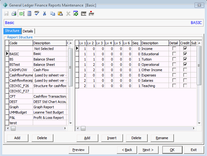General Ledger Finance Reports Maintenance - Structure tab