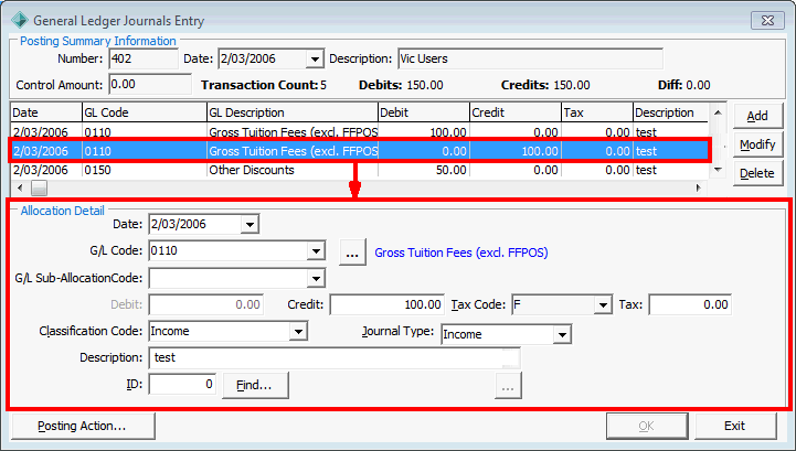 General Ledger Journals Entry (Allocation Detail area)