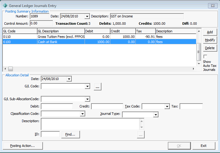 General Ledger Journals Entry window