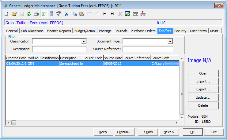 General Ledger Maintenance - Docman tab