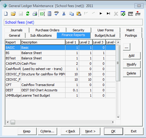 General Ledger Maintenance - Finance Reports tab