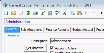 General Ledger Maintenance - General tab (cut down)