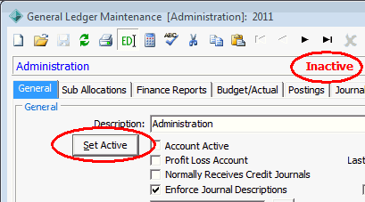 General Ledger Maintenance - General tab (cut down)