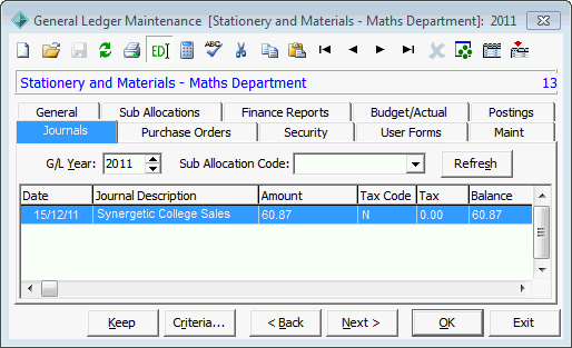General Ledger Maintenance - Journals tab