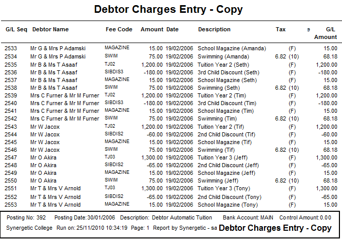 General Ledger Maintenance - Journals tab (print audit preview, debtor charges entry)