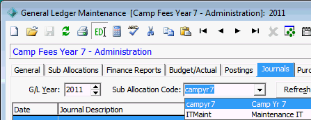 General Ledger Maintenance - Journals tab (cut down)