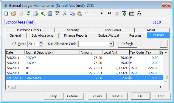 General Ledger Maintenance - Journals tab