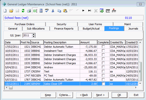 General Ledger Maintenance - Postings tab